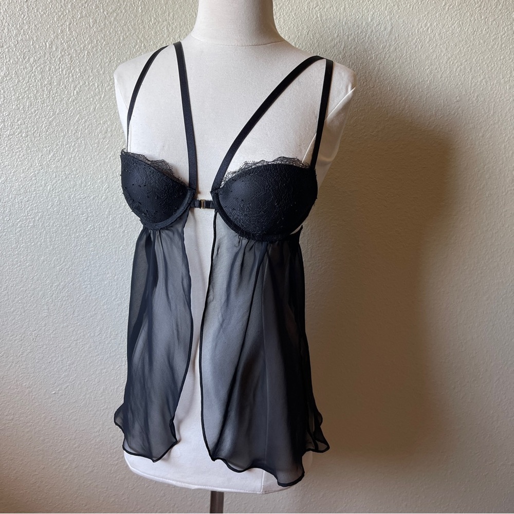 Victoria’s Secret Very Sexy Black Negligee Nightie Lace Sheer Bra 34B Strappy